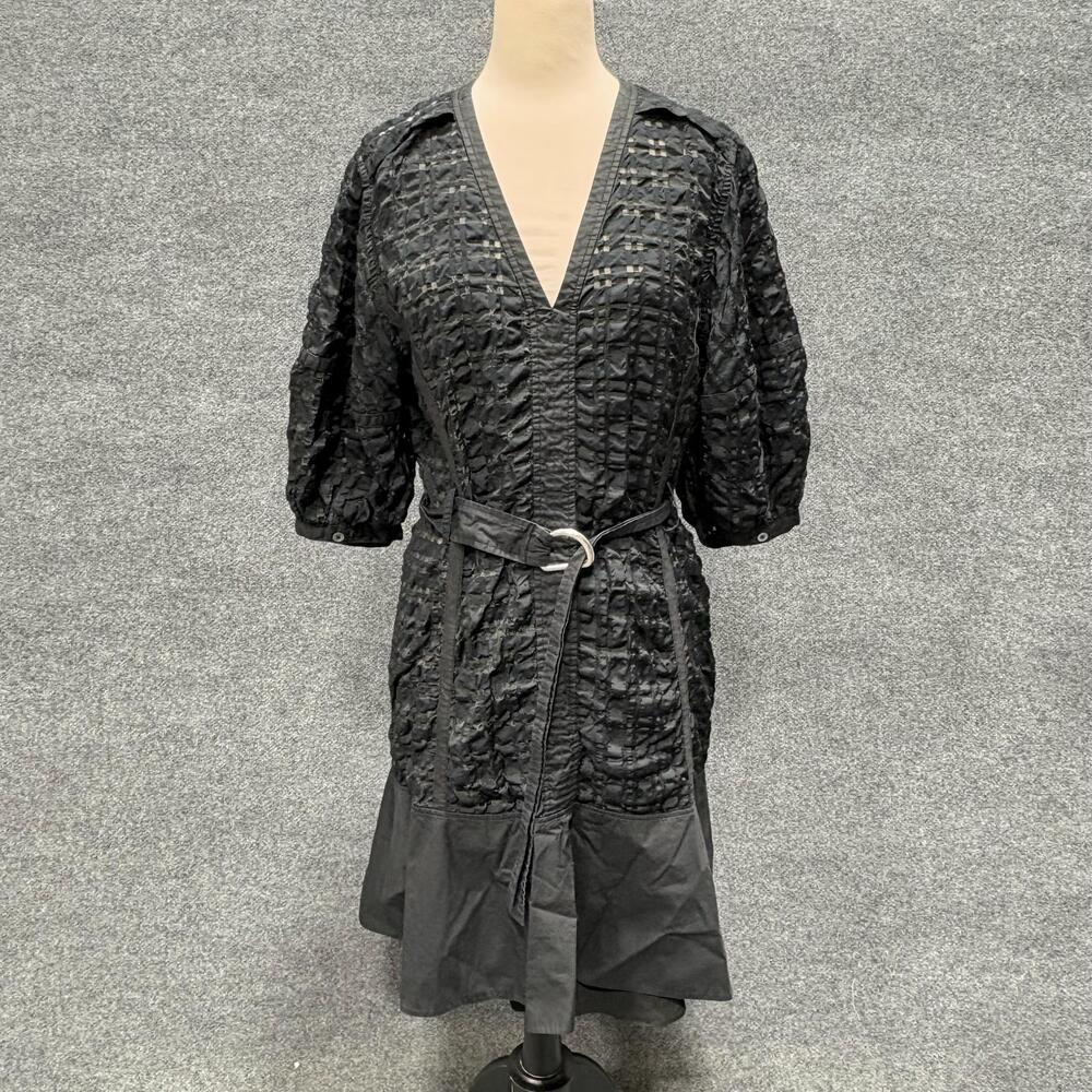 3.1 Phillip Lim Dress Womens 10 Black Geometric Textured Belted Ruffle Shift